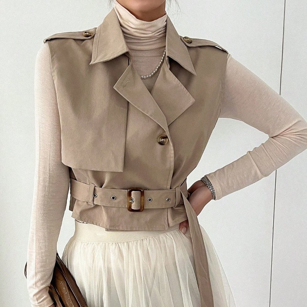 Khaki Casual Womens Lapel Neck Belted Vest Jacket